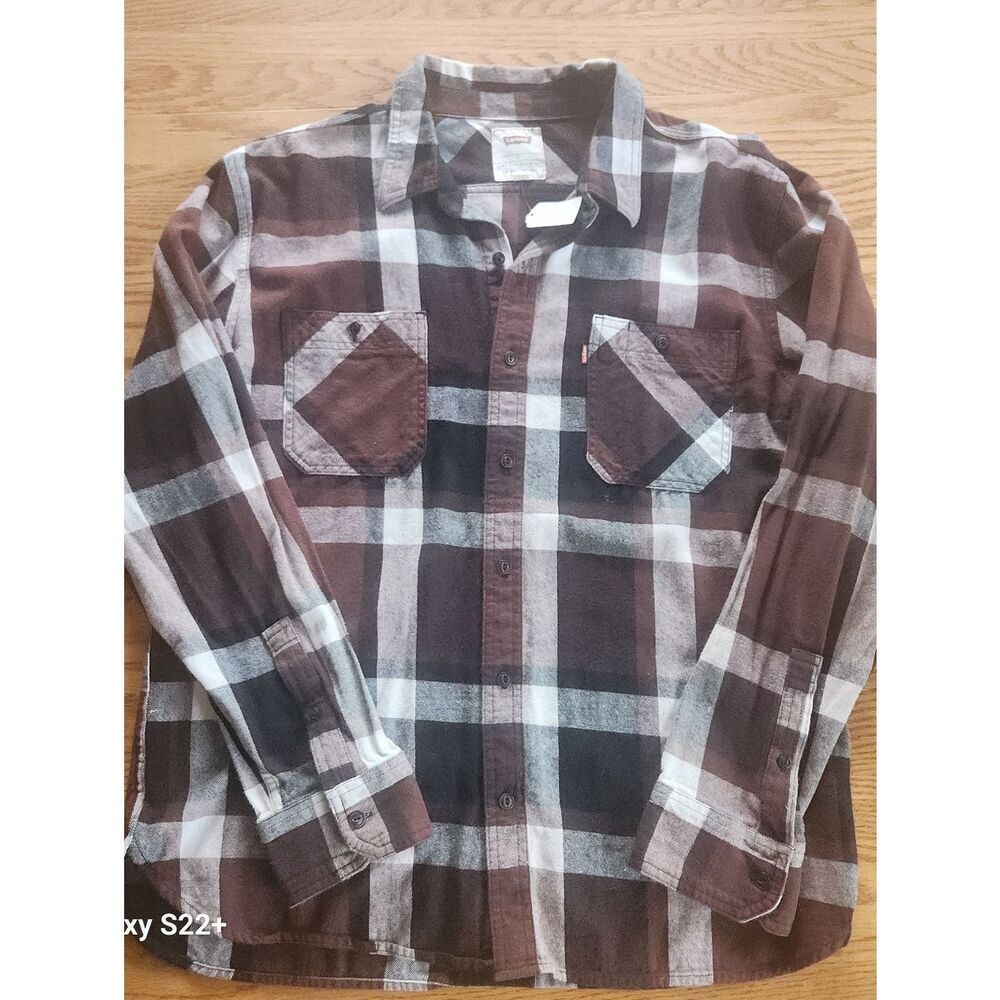 M18 Levi Strauss & Co Burgundy/White Plaid Flannel Shirt W Pockets Long Sleeved